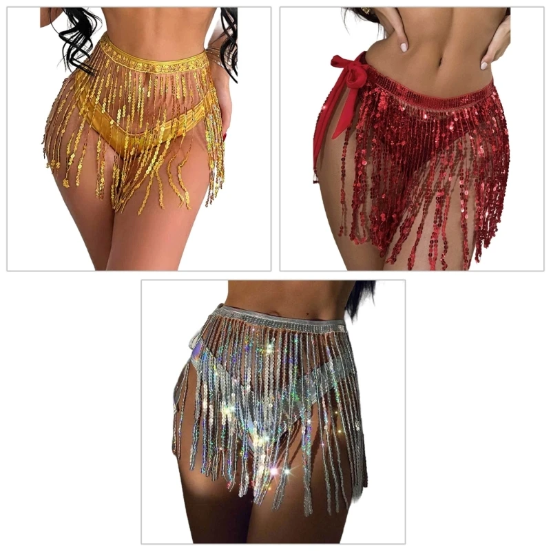 

Belly Dance Hip Skirt Sequins Tassels Fringed Hip Scarf Waist Chain Mini Skirts Costume Festival Outfit for Women
