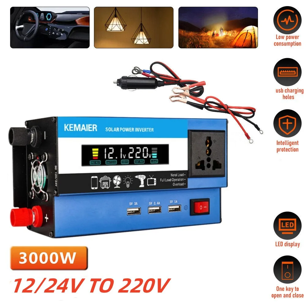 

Car Power Inverter 1000W/2000W/3000W Power DC 12V 24V To AC 220V 60HZ Converter Solar Car Inverters Real Power 500W/600W/800W