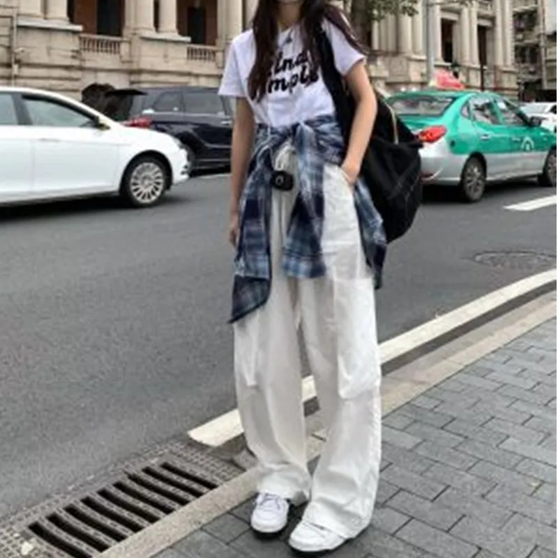 

Women Y2K Streetwear Cargo Pants Joggers Techwear Wide Leg Pockets Pants Korean Harajuku Casual Solid Baggy Straight Trousers