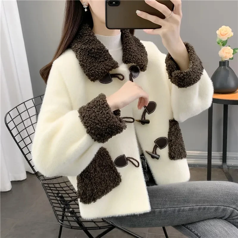 

2024 Autumn New Mink-like Wool Jacket women's Loose Joker Horn Button Solid Thick Warm Coat Female Winter Long Sleeve Outercoat