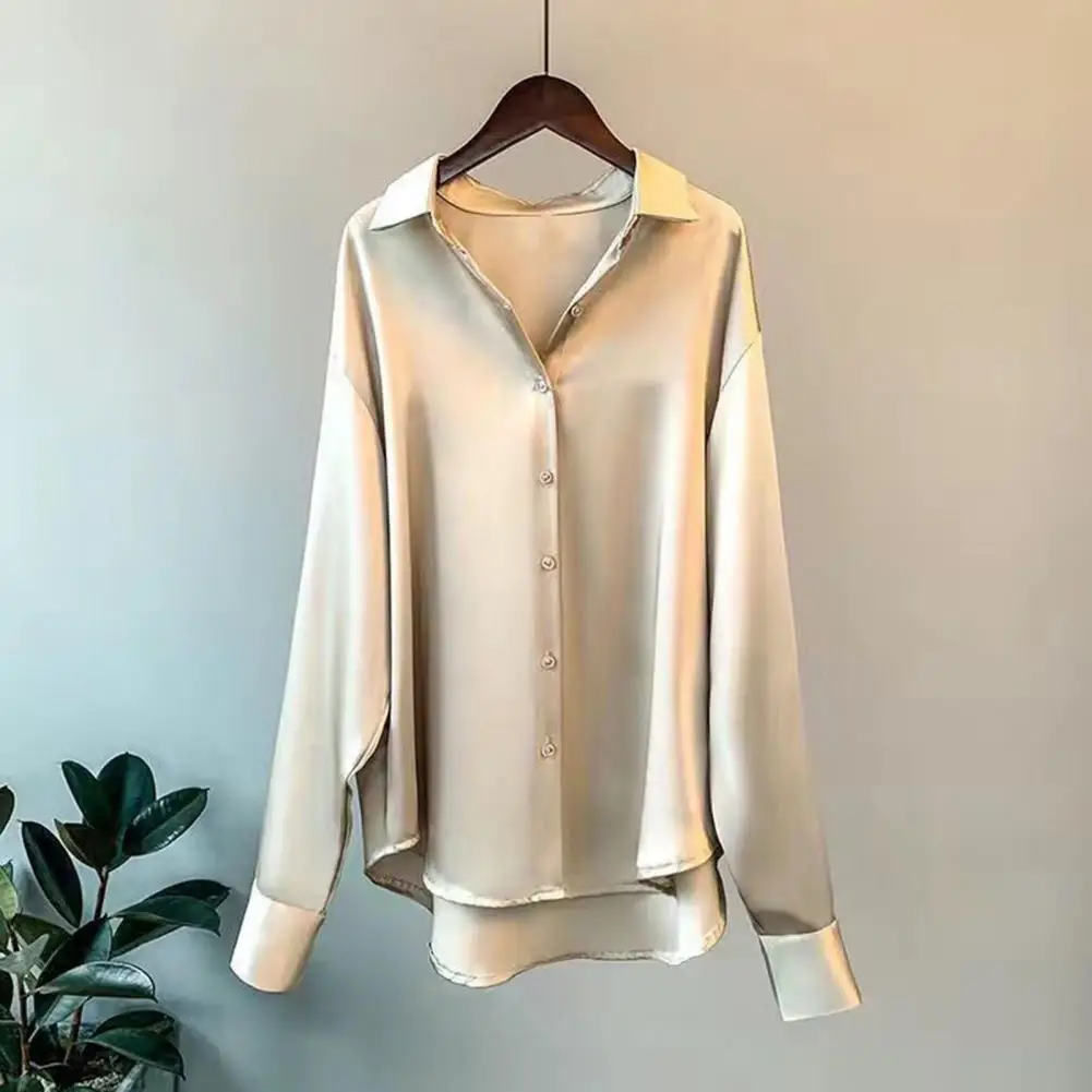 Solid Color Top Loose Fit Shirt Elegant Silky Satin Women's Spring Fall Shirt with Turn-down Collar Long Sleeve for Formal
Solid Color Top Loose Fit Shirt Elegant Silky Satin Women's Spring Fall Shirt with Turn-down Collar Long Sleeve for Formal