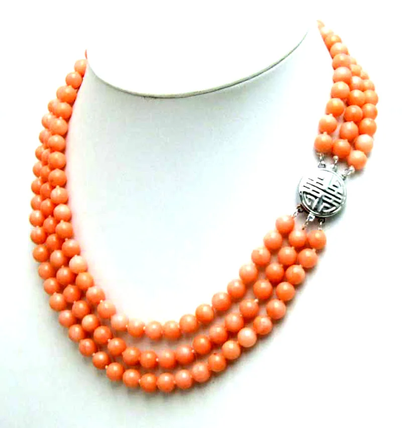 

Qingmos Natural 6-7mm Round High quality Pink coral Necklace for Women with Genuine Coral Stone Necklace 3 Strands 17-19"