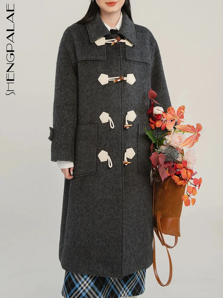 

SHENGPALAE Autumn 2023 Woolen Coat Fashion Women Lapel Horn Button Pocket Patchwork Temperament Straight Blends Outwear 5R7120