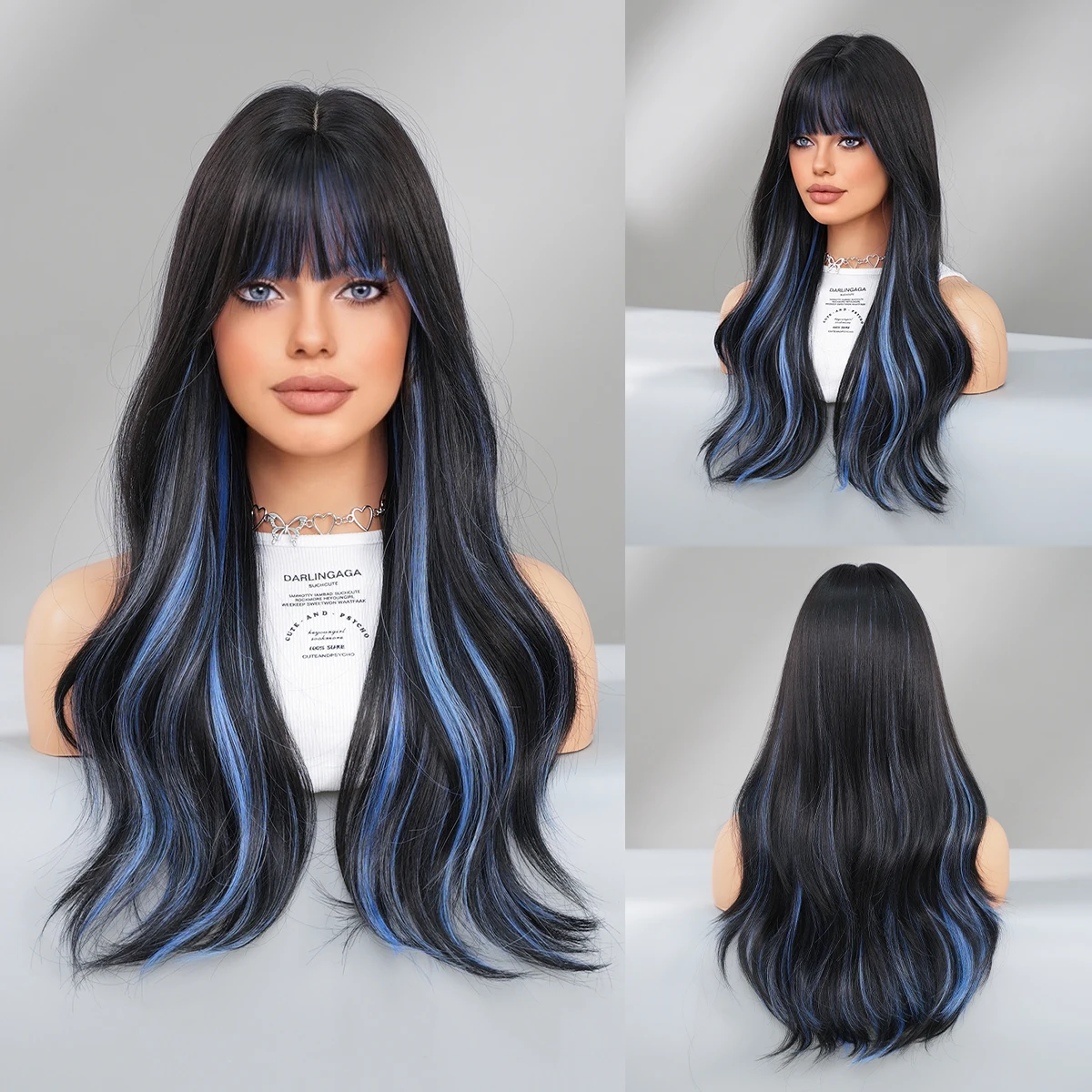 

PARK YUN Long Wavy Black Wig for Women Daily Cosplay Party Highlight Light Blue Synthetic Hair Wig with Bangs Heat Resistant wig