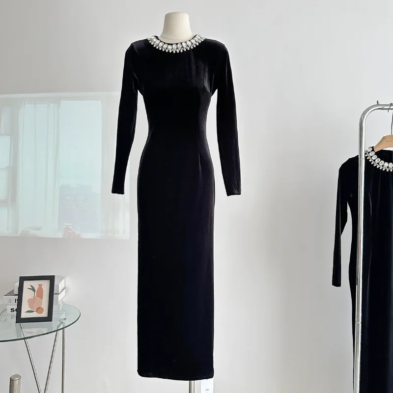 

Винтажное бархатное платье Хепберн винного черного цвета, женское осеннее Новое блестящее облегающее платье с длинным рукавом и бриллиантами, элегантные женские платья во французском стиле