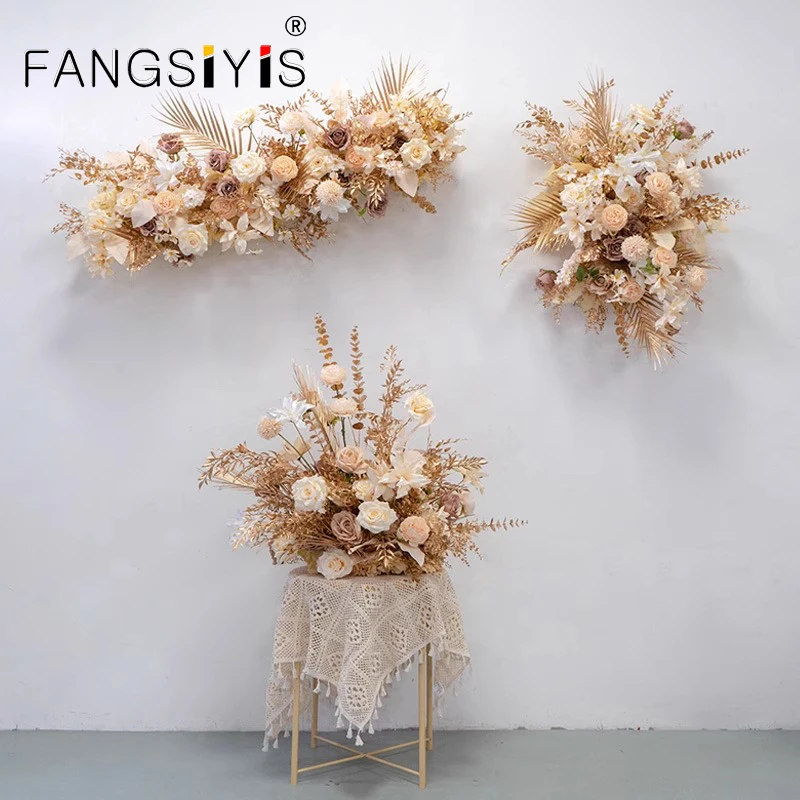 

Champagne Rose Gold Leaves Artificial Flower Row Wedding Backdrop Arch Decor Hang Floral Road Lead Flower Row Party decor Props