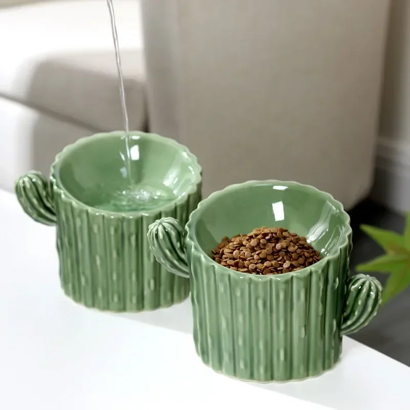

Pets Bowl Dispenser Cactus Simulation Porcelain Water Feeder Buffet Pet Feed Shape Fountain Ceramic