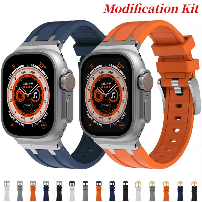 

Fluororubber Silicone+Metal Strap For Apple Watch Ultra 49mm 8 7 45mm Modification Kit Bracelet iWatch 6 5 4 3 SE 44mm 42mm Band