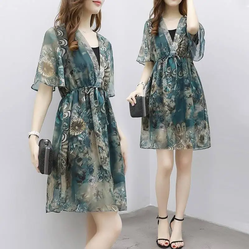 

Elegant V-Neck Printed Spliced Shirring Lace Up Bow Floral Dress Women's Clothing 2024 Summer New Loose Office Lady Mini Dress