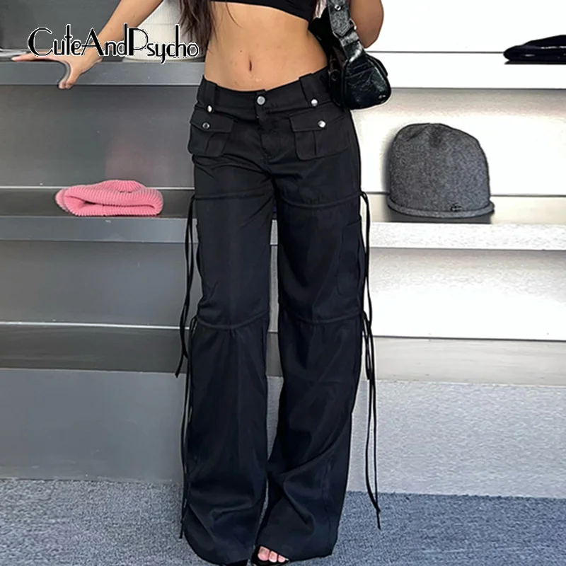 Cuteandпсиходелическая уличная одежда Y2K винтажные карго Harajuku с низкой талией черные парашютные Брюки повседневные модные женские брюки с карманами 
Cuteandпсиходелическая уличная одежда Y2K винтажные карго Harajuku с низкой талией черные парашютные Брюки повседневные модные женские брюки с карманами
