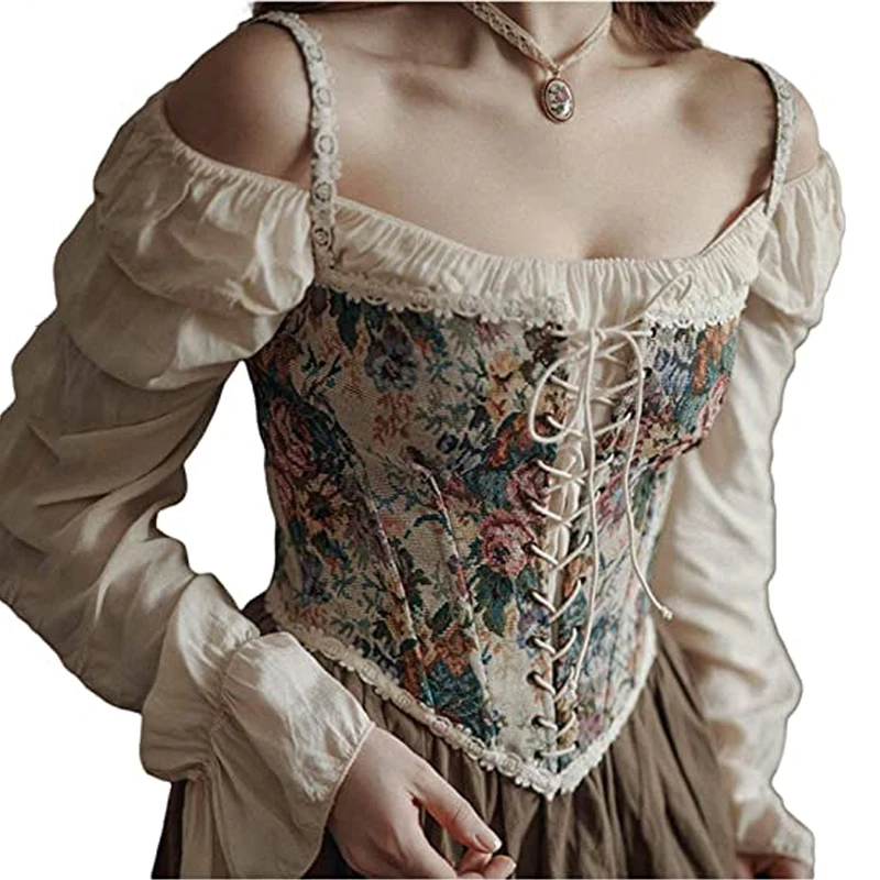 

Women Lace Corset Medieval Renaissance Goth Elf Tops Victorian Vintage Zentai T-shirts Vest Wizard Witch Fairy Cosplay Costumes