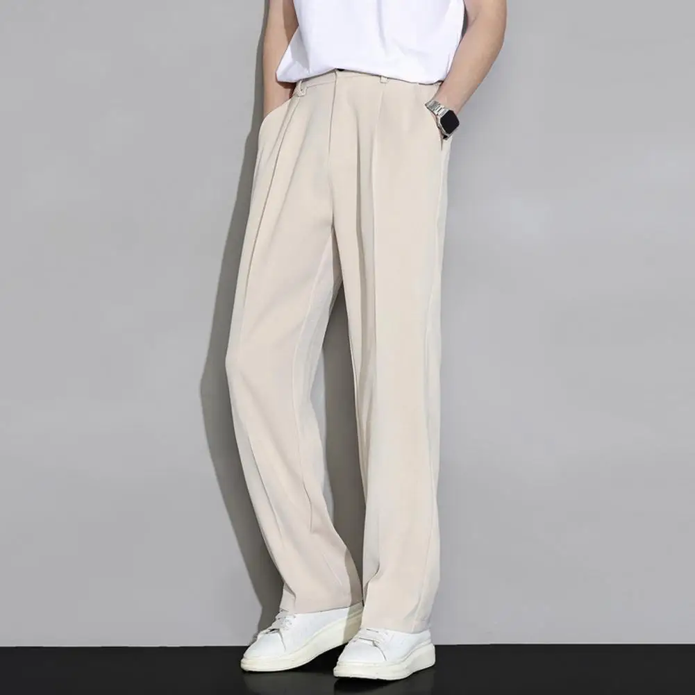 

Men Ice Silk Casual Long Pants Elastic Waist Buttons Fly Pockets Straight Wide Leg Draped Thin Business Trousers