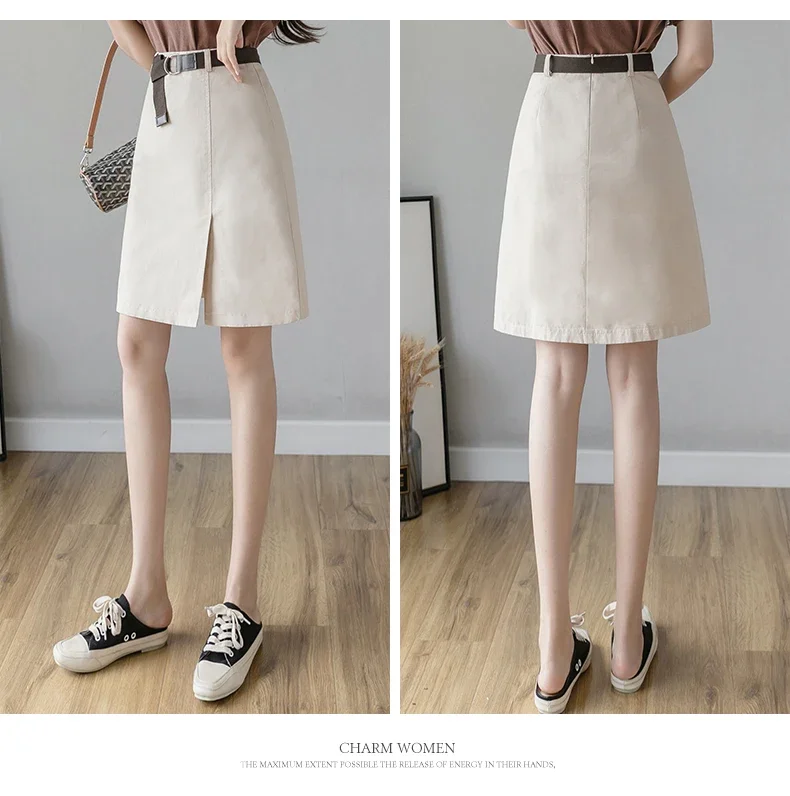 

Fashion Skirt Women A Line Mini Lining 2024 Casual Vintage Skirt Belt Korean High Waist Skirts Female Split Bottoms P511