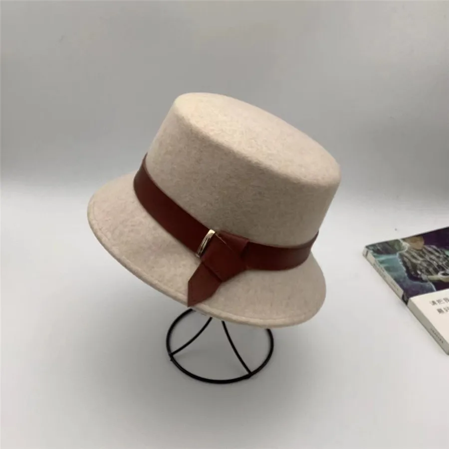 

202309-XL ins chic japan grace winter wool felt pu belt small brim lady bucket cap women fishermen hat