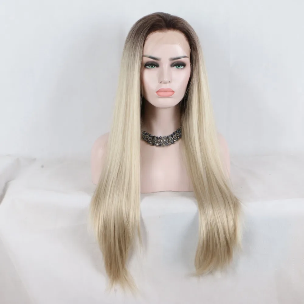 

Fantasy Beauty Blonde Ombre Glueless Lace Front Wigs 2 Tone Color Dark Roots Blonde Straight Heat Resistant Synthetic Hair Wig
