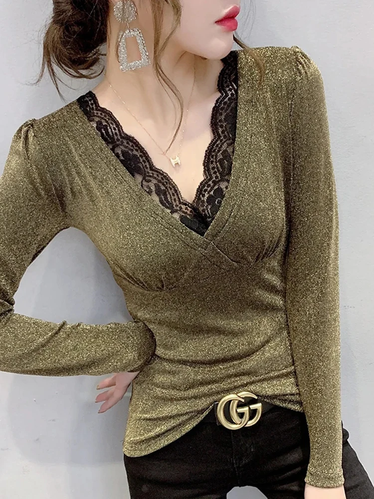 

Winsleter Elegant Basic Clothes Tshirts Long Sleeve Tee Autumn Spring New Women Sexy Lace V Necks Ruched Mesh Slim Top T38717JC