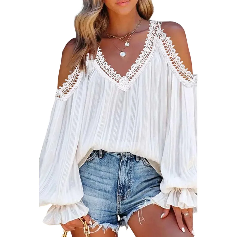 

summer V-neck chiffon shirt for women sexy off-shoulder lantern long sleeve tops White lace crochet spliced blouses fashion