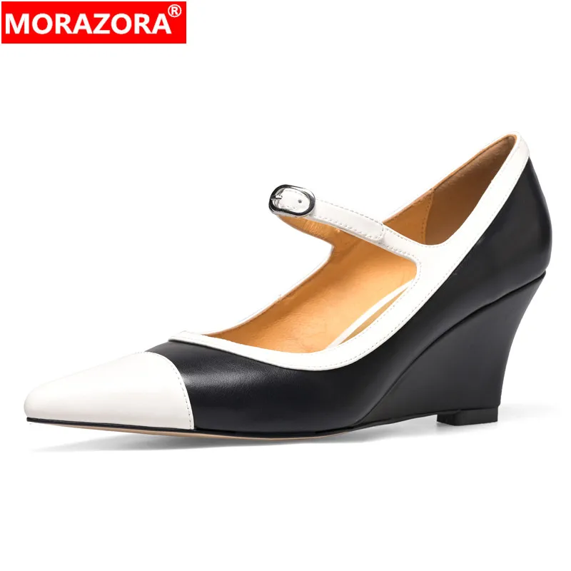 

MORAZORA 2024 New Genuine Leather Wedges High Heels Women Pumps Mary Janed Mixed Color Pointed Toe Ladies Office Dress Shoe