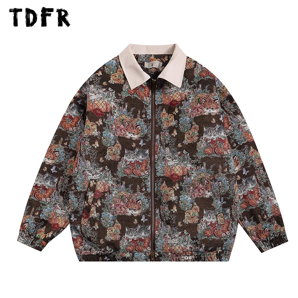 

Cat Jacquard Quilted Jacket Mens Retro Casual Loose Spring Autumn Lapel Long Sleeve Thick Jacket Men