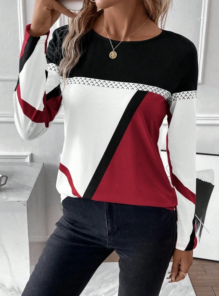 Simple Daily Fashion Woman Blouse 2023 Autumn New Casual Pullover Round Neck Contrast Panel Geometric Print Top Women's T-Shirt 
Simple Daily Fashion Woman Blouse 2023 Autumn New Casual Pullover Round Neck Contrast Panel Geometric Print Top Women's T-Shirt