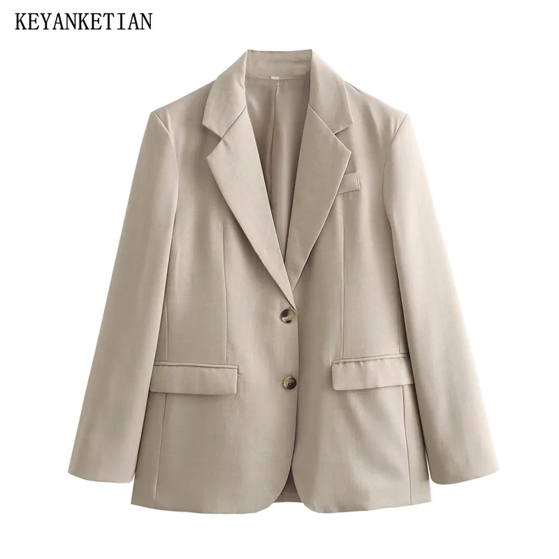 

KEYANKETIAN 2024 New Launch Women's Khaki Slim Suit Spring Single Breasted Flap Pockets Office Lady Pads Outerwear Short Top