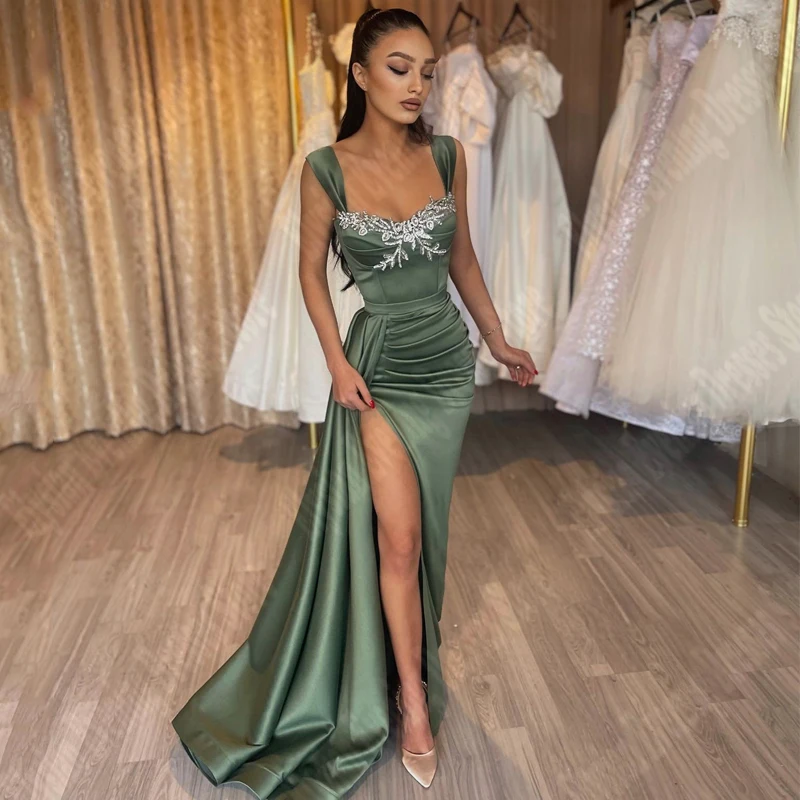 

Sexy Exquisite Women Prom Evening Dresses Sequin Satin Formal Ball Gowns Mermaid Sweetheart Neck Pleats Split Vestidos De Noche