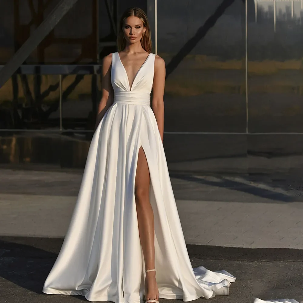 

Женское атласное свадебное платье-трапеция, Привлекательное платье до пола с высоким разрезом, открытой спиной и шлейфом, платье с глубоким V-образным вырезом, 2024