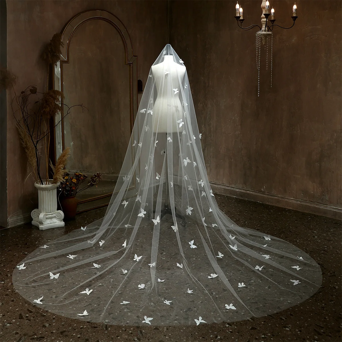 

One Layer 3D Butterflies Wedding Veil Romantic Pearl Veil Cathedral Bridal Veil Wedding Accessories
