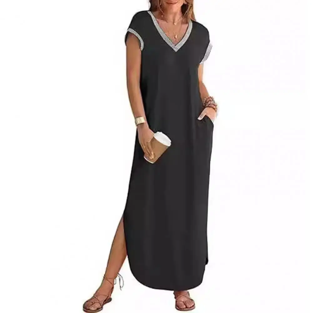 

Summer Women Dress with Pockets V Neck Short Sleeve Loose Side Split Ankle Length Commute Homewear Dress