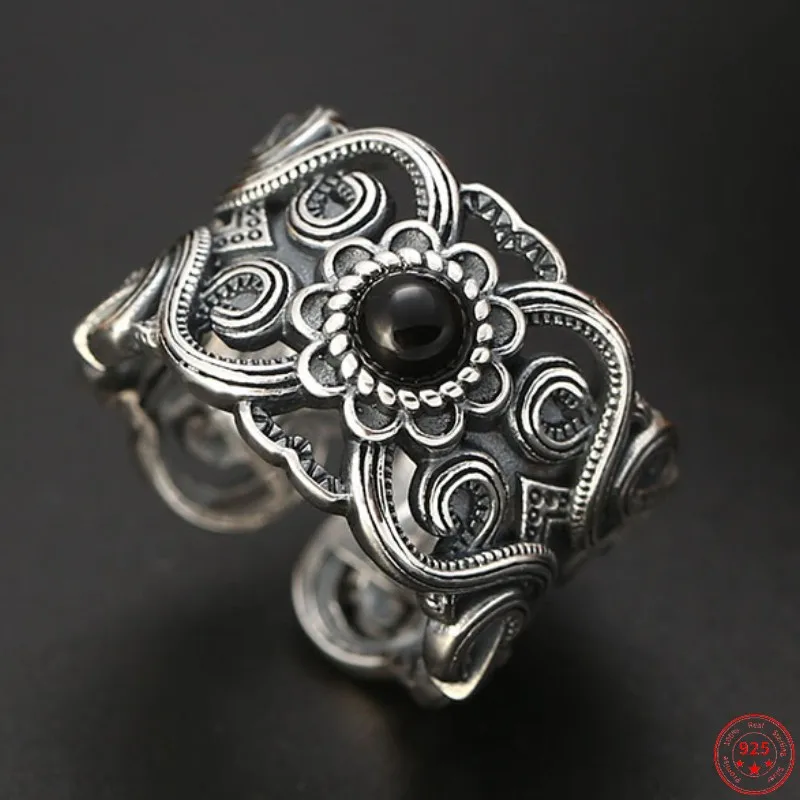 

S925 Sterling Silver Rings for Men Genuine New Fashion Ethnic Style Hollow Mongolian Pattern Agate Wide Vintage Couple Jewelry