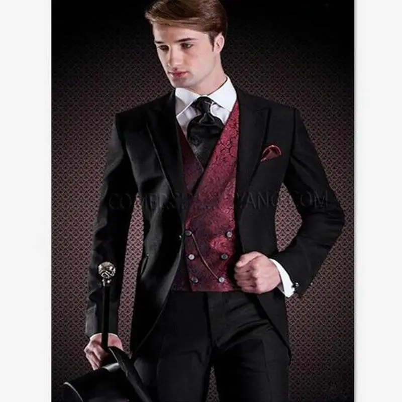 

New Italian Tailcoat Design Black Men Suit Slim Fit Wedding Suits For Men Groom Tuxedos Bridegroom ( jacket+Pants+vest)