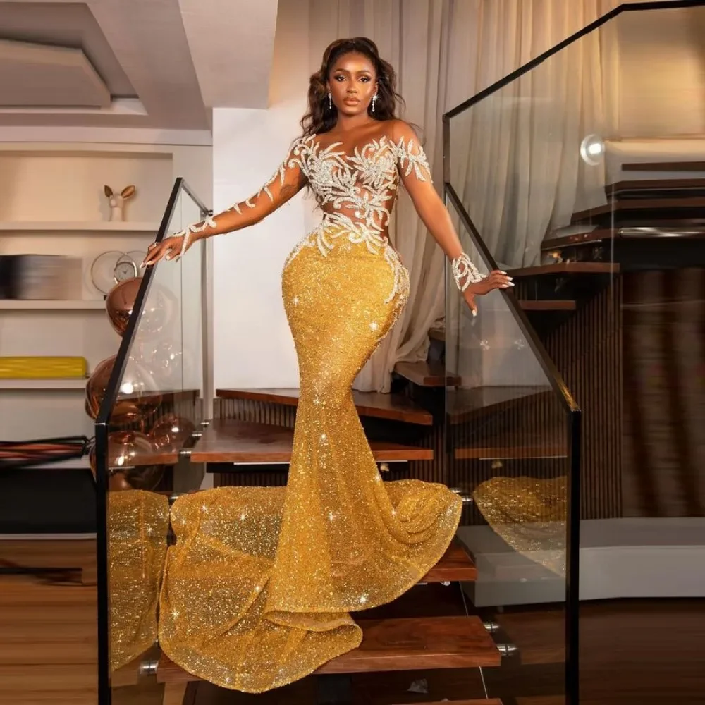 2024 Illusion Long Sleeve Evening Dresses Women Long Train Aso Ebi Gold Evening Gown Sequin Mermaid Prom Dress vestidos de festa
2024 Illusion Long Sleeve Evening Dresses Women Long Train Aso Ebi Gold Evening Gown Sequin Mermaid Prom Dress vestidos de festa