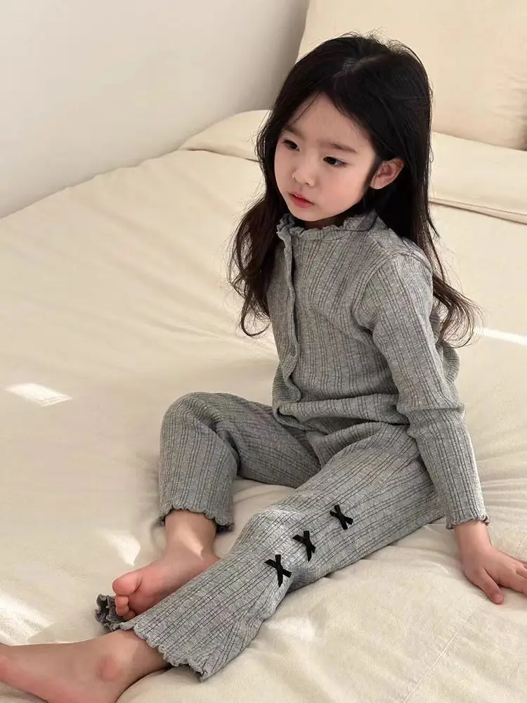 

2024 Spring New Children Long Sleeve Clothes Set Baby Girls Solid Ribbed Cardigan + Cute Bow Flared Pants 2pcs Suit Kids Outfits