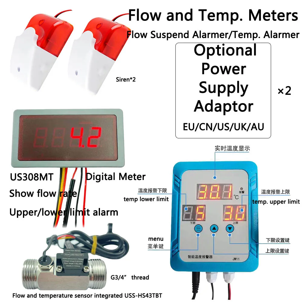 12V DC US308MT Digital Flow Meter and Alarmer Temperature Display and Siren with USS-HS43TBT Integrated with NTC10K Sensor iSent
12V DC US308MT Digital Flow Meter and Alarmer Temperature Display and Siren with USS-HS43TBT Integrated with NTC10K Sensor iSent