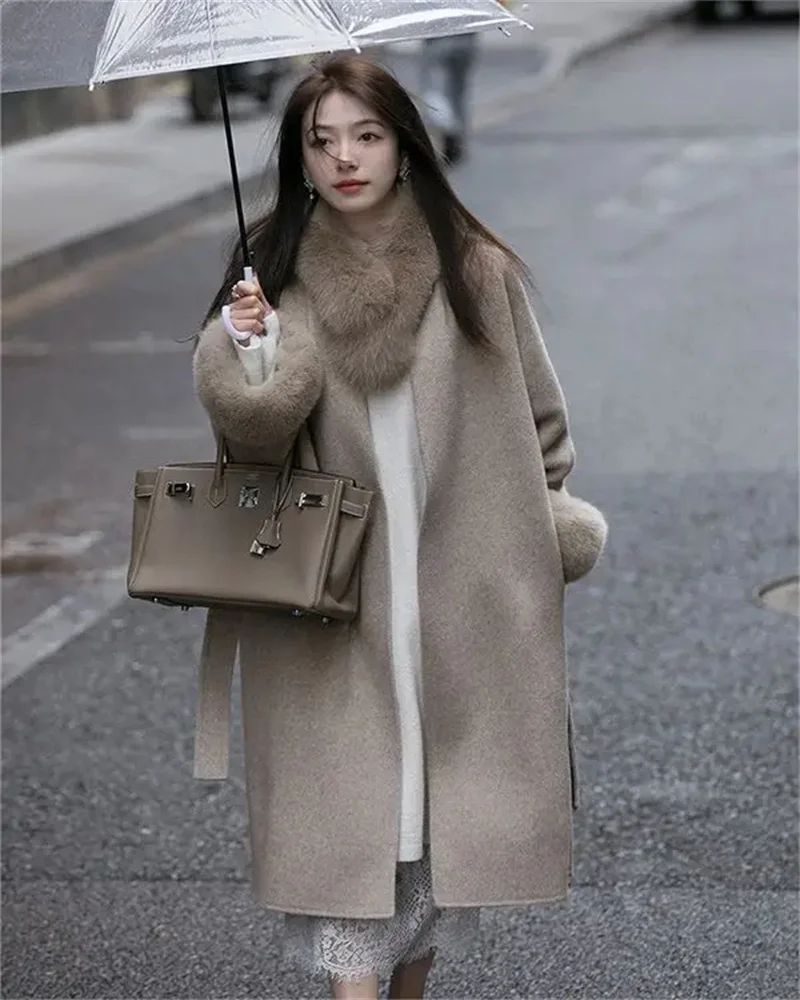 

Women Fox Fur V Neck Long Coat Loose Poncho Trench Winter Thick Warm Cardigan Overcoat Woolen Streetwear Cloak With Belt