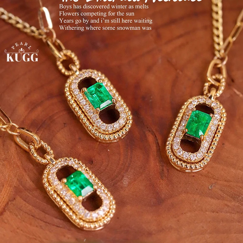 

KUGG 18K Yellow Gold Necklace Fashion INS Style Shiny Diamond Real Natural Emerald Necklace for Women High Wedding Jewelry