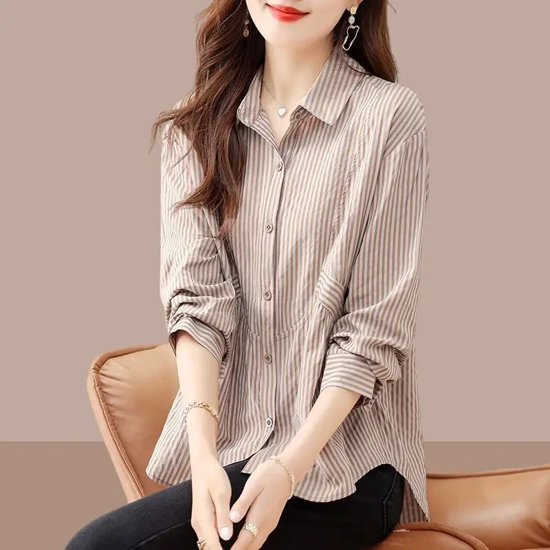 

DUOFAN Women's Long Sleeve Shirts 2023 Spring Autumn New Stripe Splicing Design Blouses Lady Fashion Turndown Collar Blusas Tops