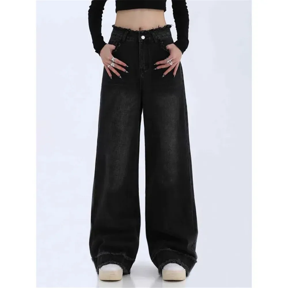 

Джинсы женские свободные с широкими штанинами, винтажная одежда в стиле гранж 90-х, однотонные брюки из денима с завышенной талией, в стиле ретро, свободные штаны в стиле оверсайз, Y2K