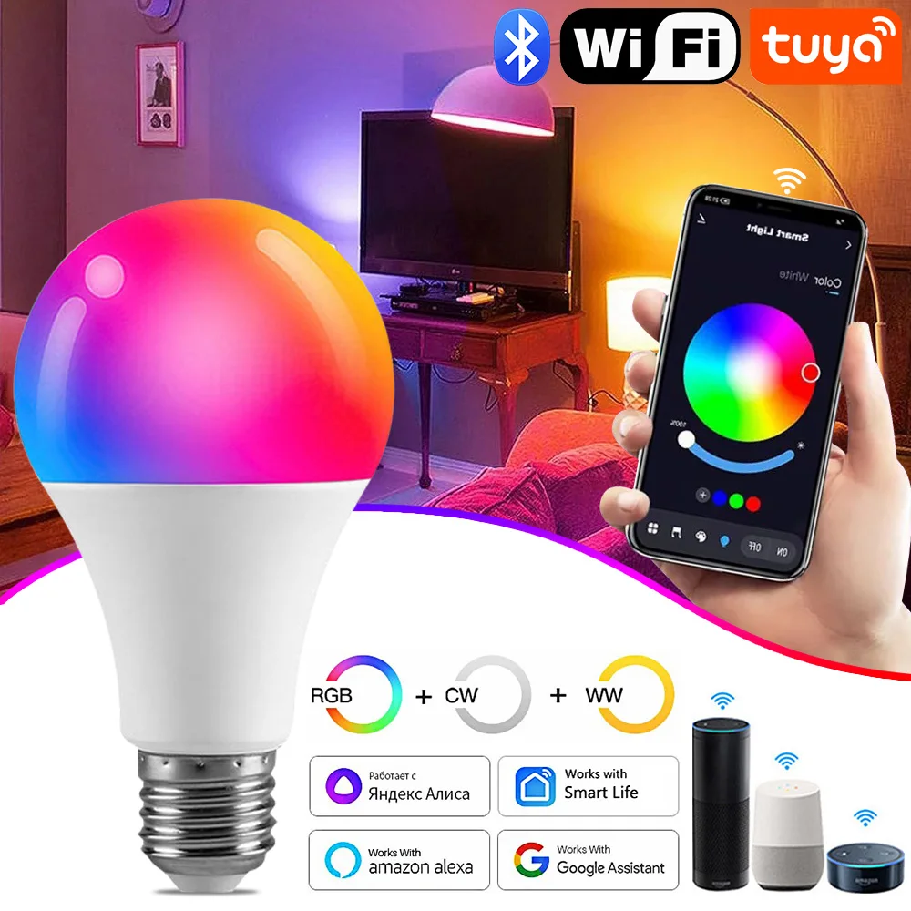 

Tuya 15W E27 Led Light Bulbs Bluetooth Smart Spotlight Dimmable RGB Changing Lamp AC 85-265V Smart Life App Control Home Decor