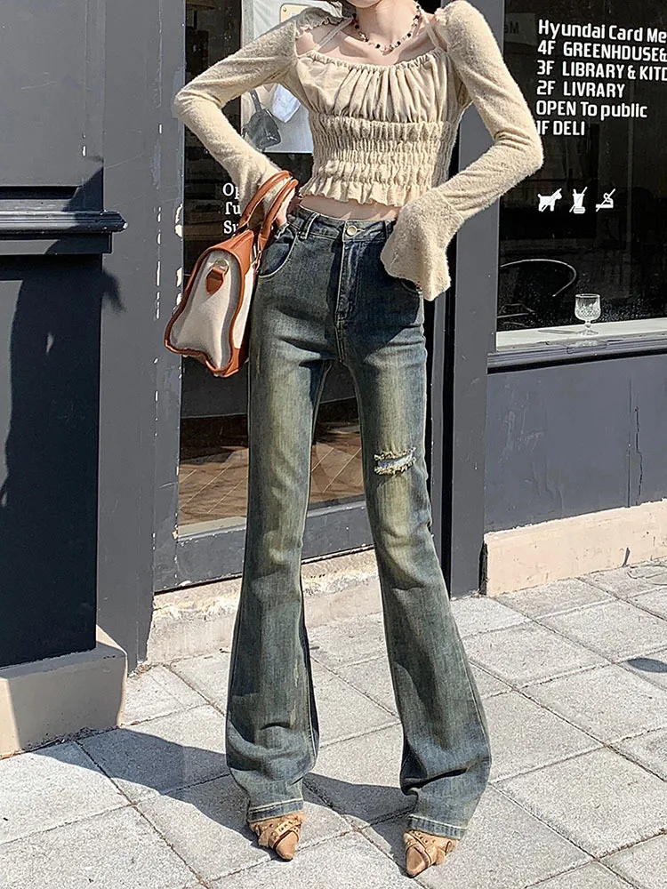 Женские джинсы с широкими штанинами, повседневные брюки в Корейском стиле с высокой эластичной талией, облегающие джинсовые брюки для мам, весна-осень 2023 
Женские джинсы с широкими штанинами, повседневные брюки в Корейском стиле с высокой эластичной талией, облегающие джинсовые брюки для мам, весна-осень 2023