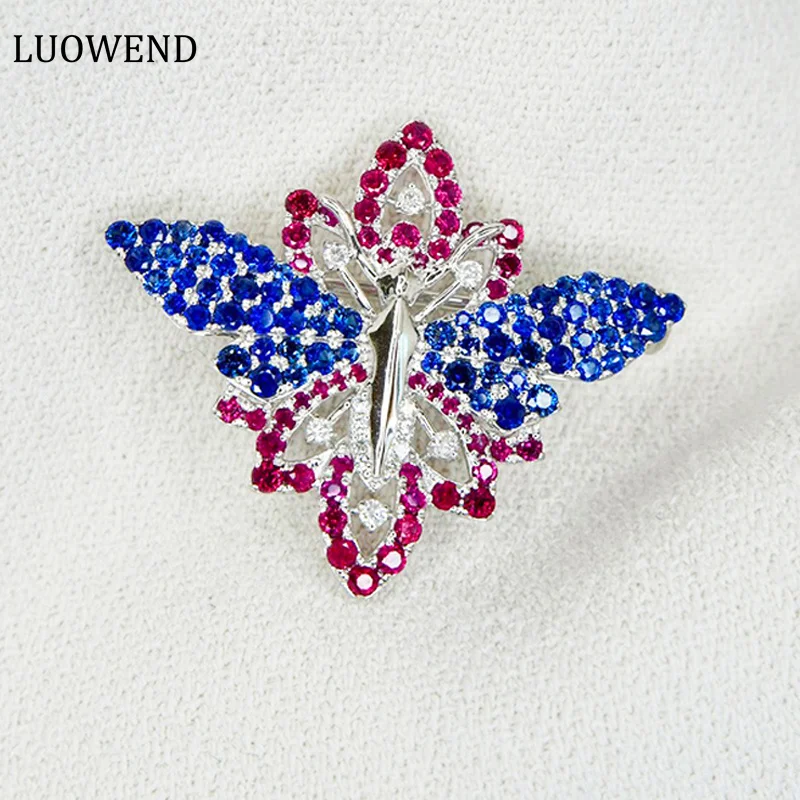 

LUOWEND 18K White Gold Real Natural Ruby and Sapphire Diamond Pendant Shiny Aircraft Shape Brooch Design for Women Party Jewelry