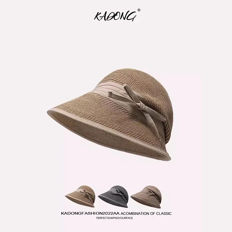 

Japanese High Quality Straw Caps for Women Spring and Summer Travel Sunscreen Versatile Design Wrinkled Bow Strap Bucket Hat