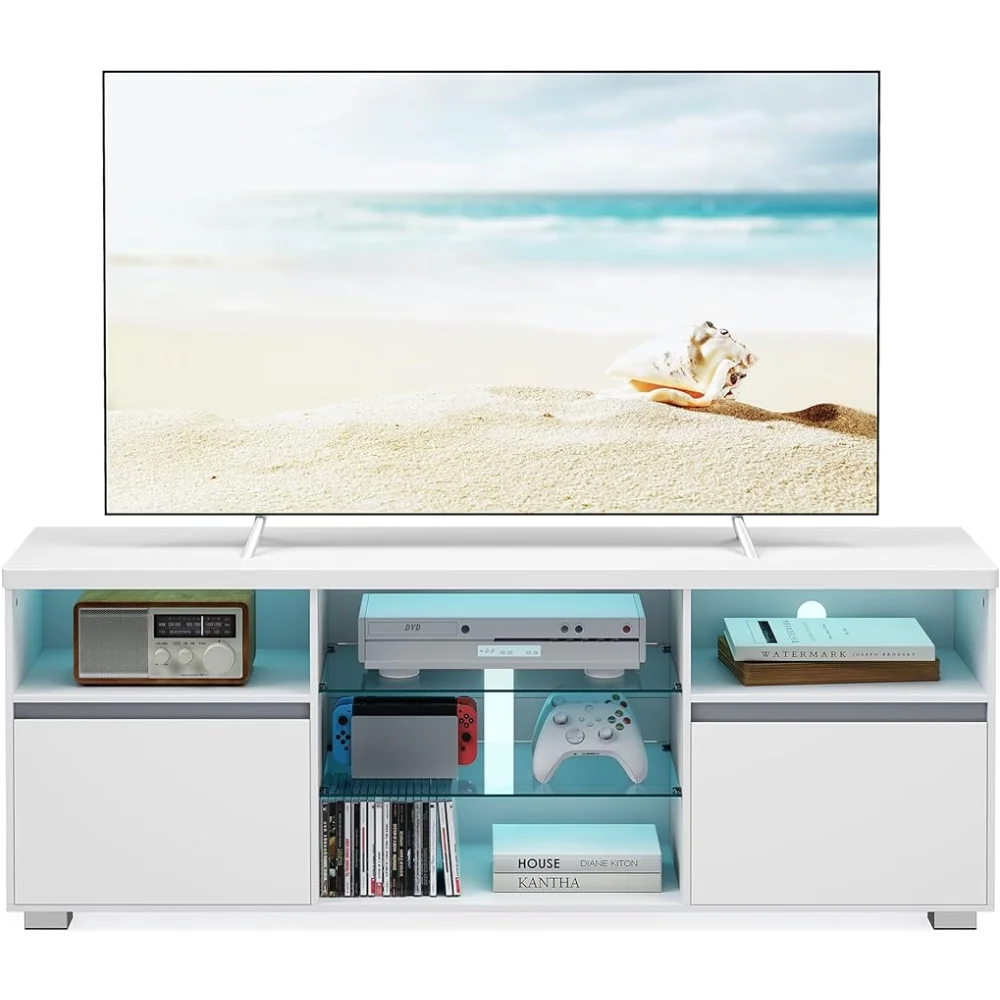 

VASAGLE TV Stand with LED Lights for TVs up to 70 Inch, Entertainment Center with Open Glass Shelves, 2 Cabinets with Doors