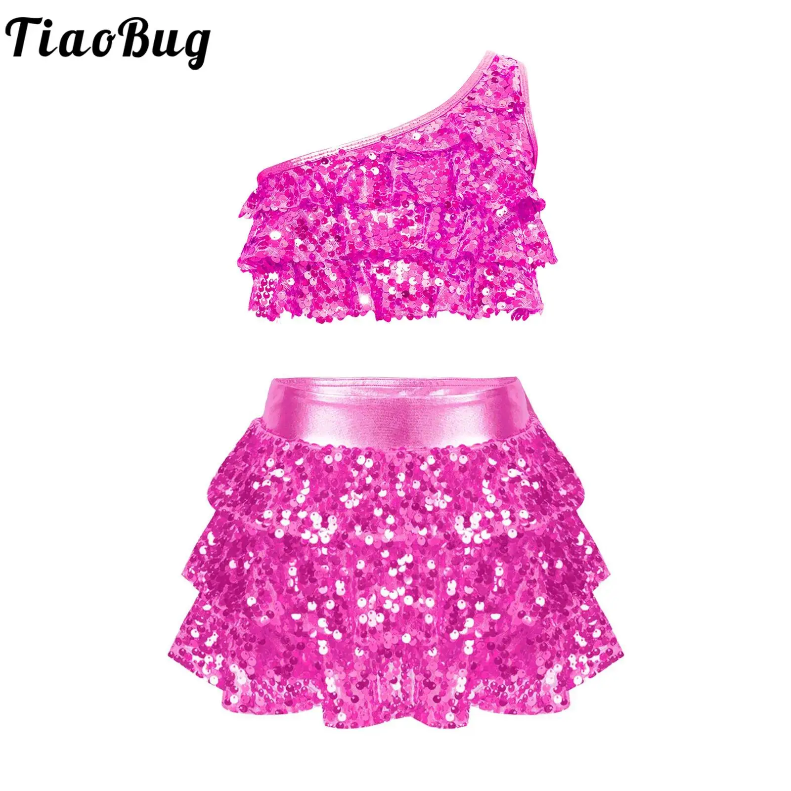 

Kids Girls Sequins Latin Jazz Dance Costumes Shiny Ruffle Tiered Crop Top+Shorty Unitards Dress Hip Hop Set Ballet Leotard