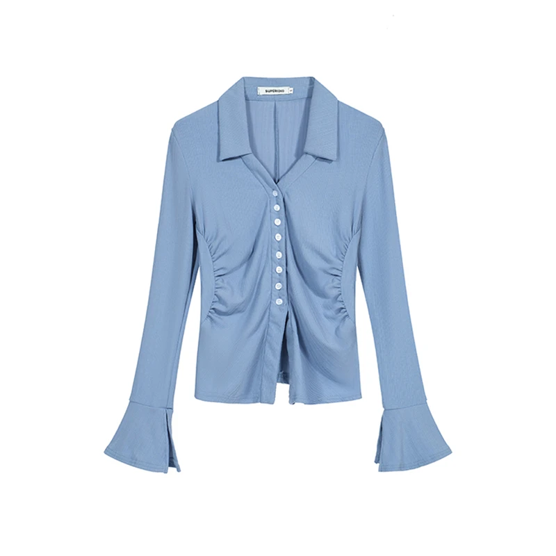 Polo Neck Speaker Long Sleeved Women's Blue Shirt Spring Summer New Style Chic Female Sexy Slim Fitting Single Breasted Cardigan
Polo Neck Speaker Long Sleeved Women's Blue Shirt Spring Summer New Style Chic Female Sexy Slim Fitting Single Breasted Cardigan