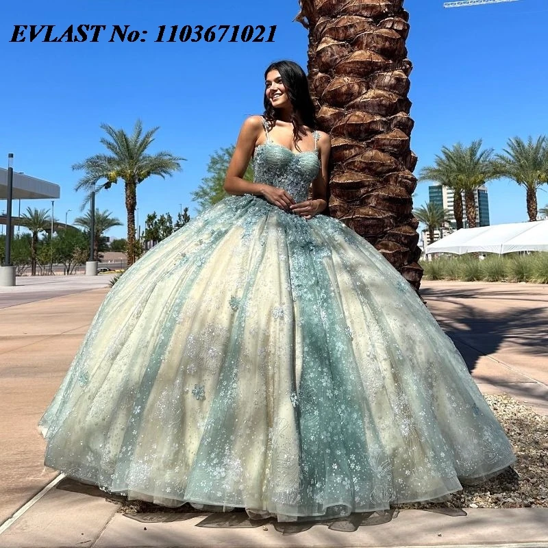 

EVLAST 2024 Sage Green Quinceanera Dress Ball Gown Lace Applique Beading With Cape Corset Sweet 16 Vestidos De XV 15 Anos SQ112