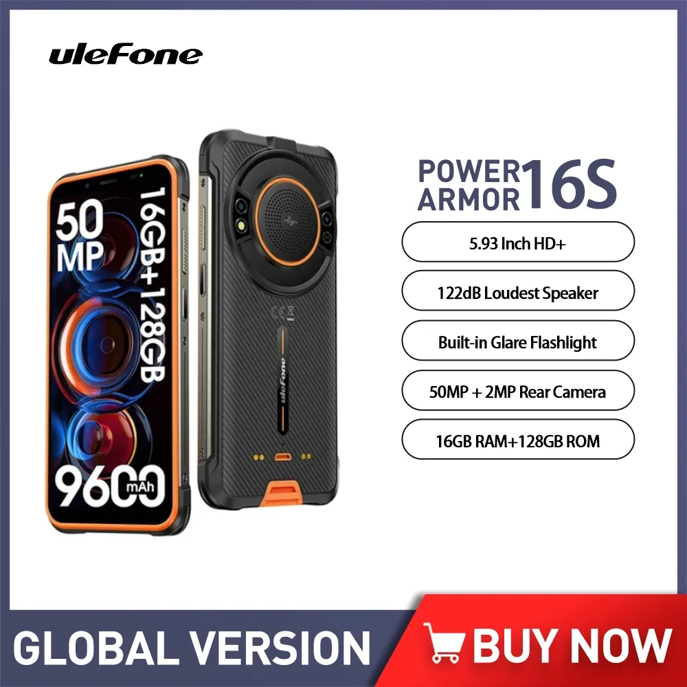 

Ulefone Power Armor 16S Rugged Smartphone 5.93Inch HD+ Octa Core 16GB+128GB Android 13 Mobile Phone 50MP 9600mAh Face Unlock NFC