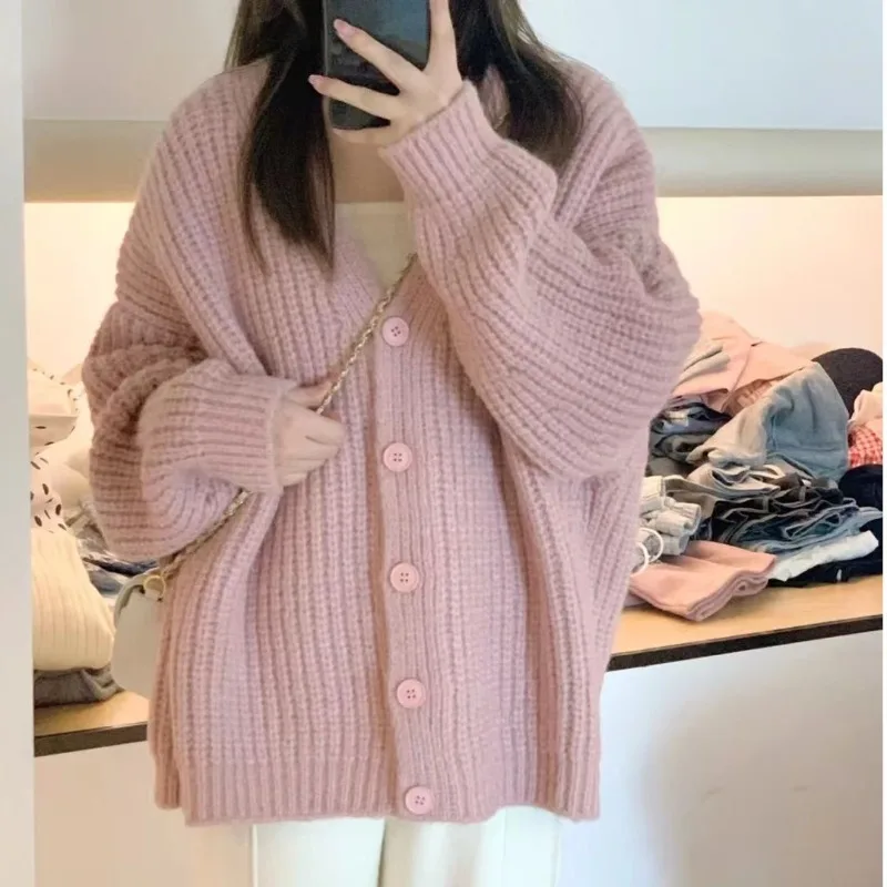 

2024 New Sweater Women's Autumn Winter Cardigan Lazy Wind Sweet Loose Overcoat Soft Knitted Jacket Solid Color V-neck Coat