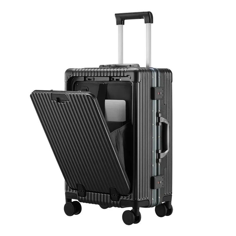 

Aluminum Frame Luggage Boarding Bag Multi-Functional Front opening Travel Suitcases Password Trolley Case With phone holder &USB