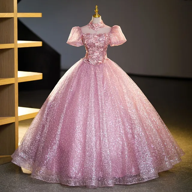 Robe de soirée de luxe rose à col haut, manches bouffantes, robe de bal classique à paillettes, à personnaliser 1